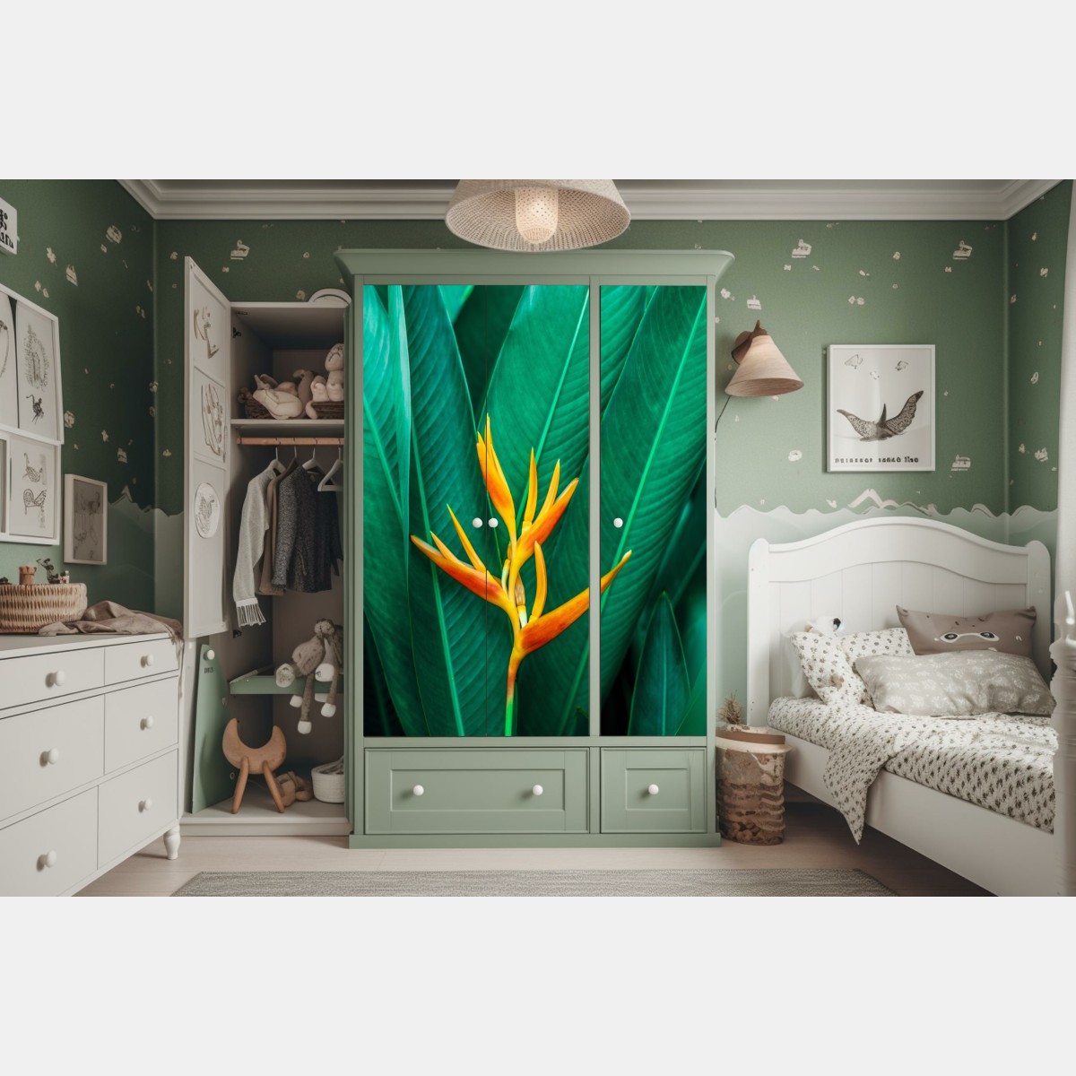 Schrankaufkleber leuchtende tropische paradiesvogelblume auf grünen blättern – Wallnifity® Schrankaufkleber leuchtende tropische paradiesvogelblume auf grünen blättern – Wallnifity®