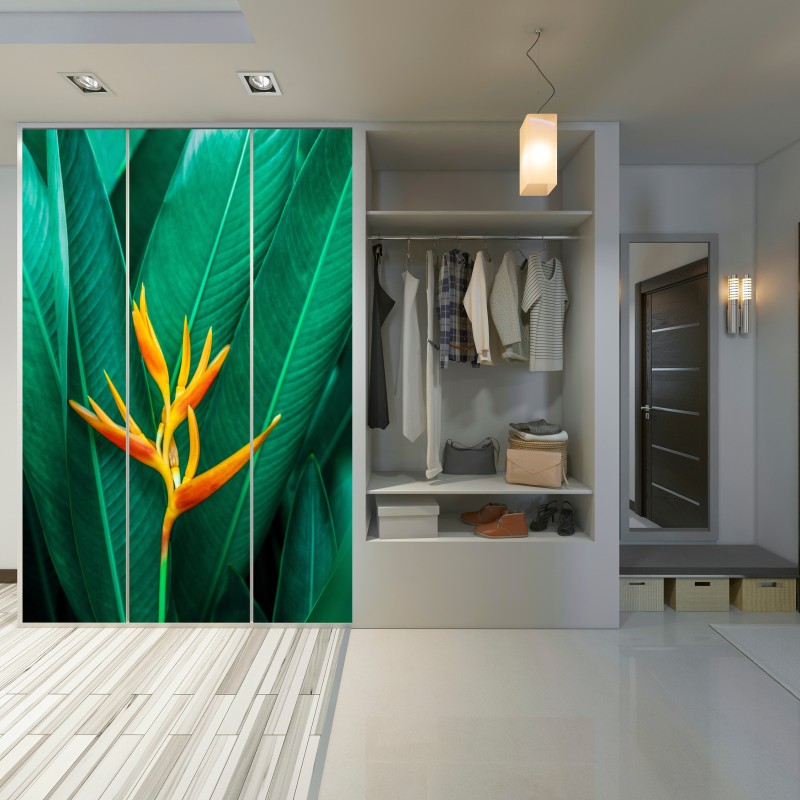 Schrankaufkleber leuchtende tropische paradiesvogelblume auf grünen blättern – Wallnifity® Schrankaufkleber leuchtende tropische paradiesvogelblume auf grünen blättern – Wallnifity®