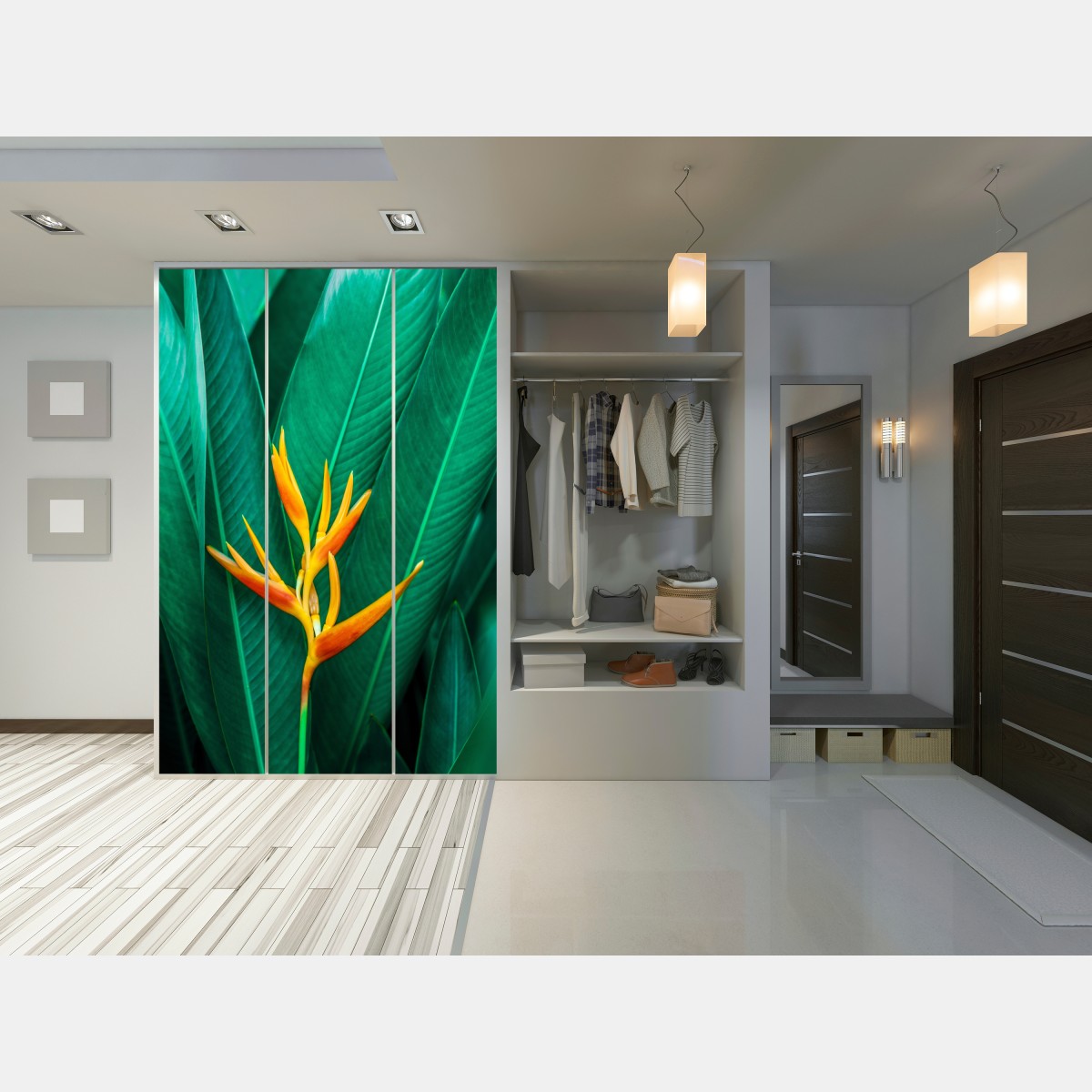 Schrankaufkleber leuchtende tropische paradiesvogelblume auf grünen blättern – Wallnifity® Schrankaufkleber leuchtende tropische paradiesvogelblume auf grünen blättern – Wallnifity®