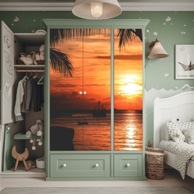 Schrankaufkleber nebeliger sonnenaufgang über einer ländlichen wiese – Wallnifity®