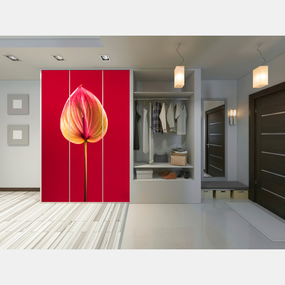 Schrankaufkleber elegantes anthurium vor rotem hintergrund – Wallnifity® Schrankaufkleber elegantes anthurium vor rotem hintergrund – Wallnifity®