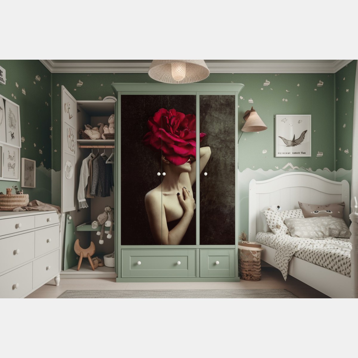 Schrankaufkleber frau mit rosenkopf surreales blumenporträt – Wallnifity® Schrankaufkleber frau mit rosenkopf surreales blumenporträt – Wallnifity®