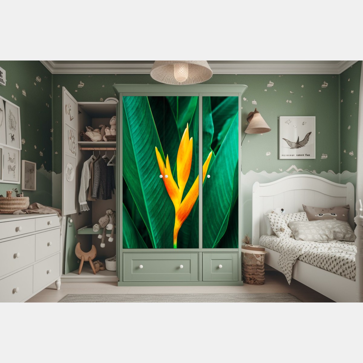 Schrankaufkleber leuchtende tropische heliconia vor satten grünen blättern – Wallnifity® Schrankaufkleber leuchtende tropische heliconia vor satten grünen blättern – Wallnifity®