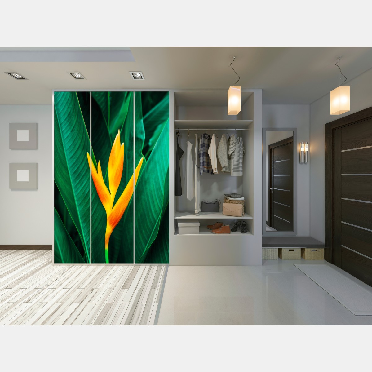 Schrankaufkleber leuchtende tropische heliconia vor satten grünen blättern – Wallnifity® Schrankaufkleber leuchtende tropische heliconia vor satten grünen blättern – Wallnifity®
