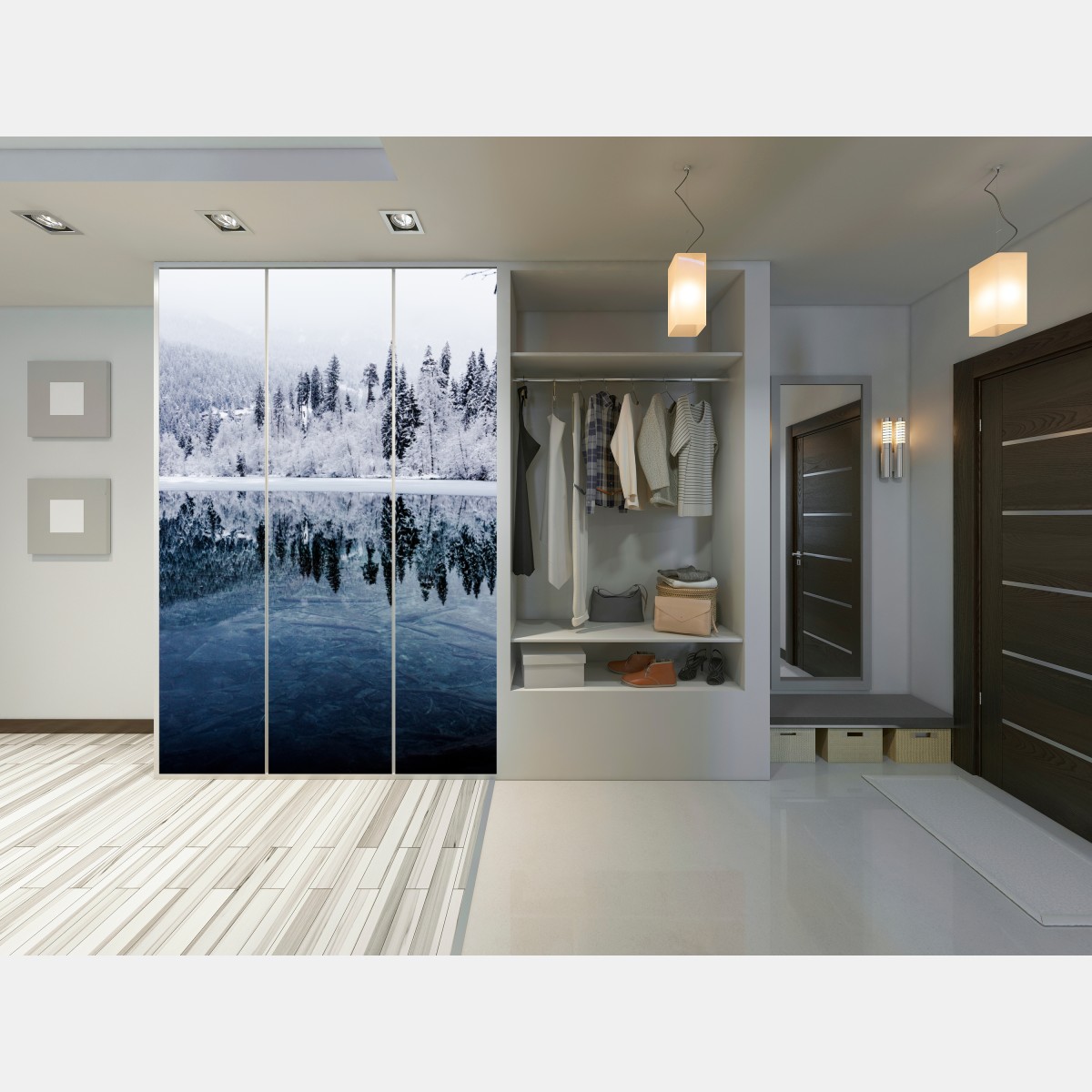 Schrankaufkleber winterlicher see mit spiegelung im verschneiten wald – Wallnifity®