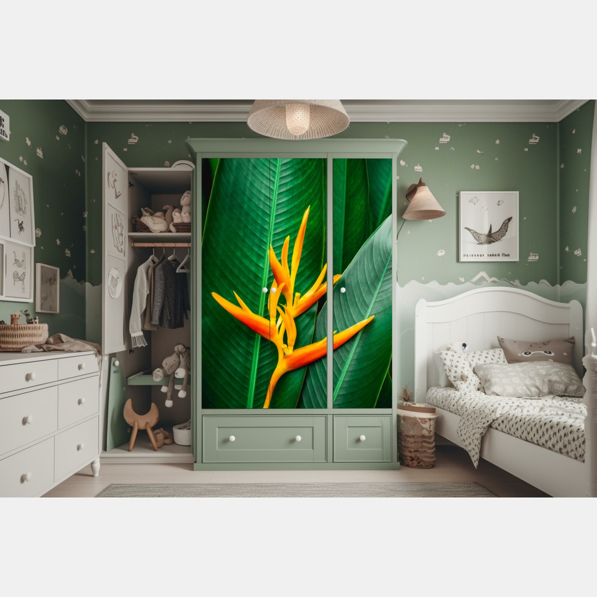 Schrankaufkleber leuchtende heliconia vor grünen blättern – Wallnifity® Schrankaufkleber leuchtende heliconia vor grünen blättern – Wallnifity®