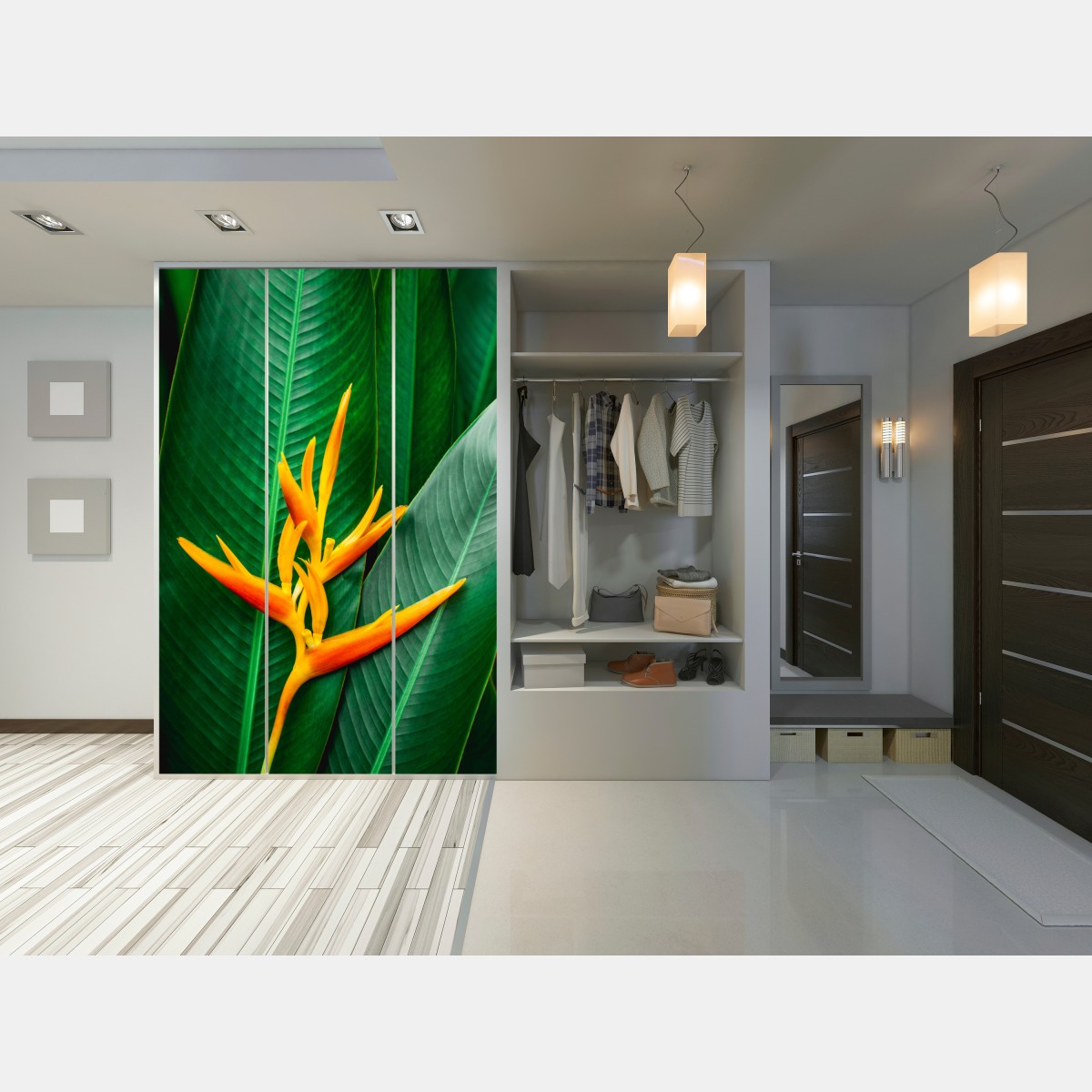 Schrankaufkleber leuchtende heliconia vor grünen blättern – Wallnifity® Schrankaufkleber leuchtende heliconia vor grünen blättern – Wallnifity®