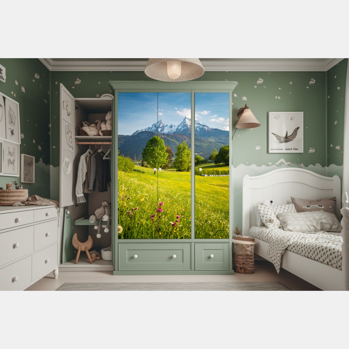 Schrankaufkleber alpine frühlingswiese unter schneebedeckten gipfeln – Wallnifity® Schrankaufkleber alpine frühlingswiese unter schneebedeckten gipfeln – Wallnifity®