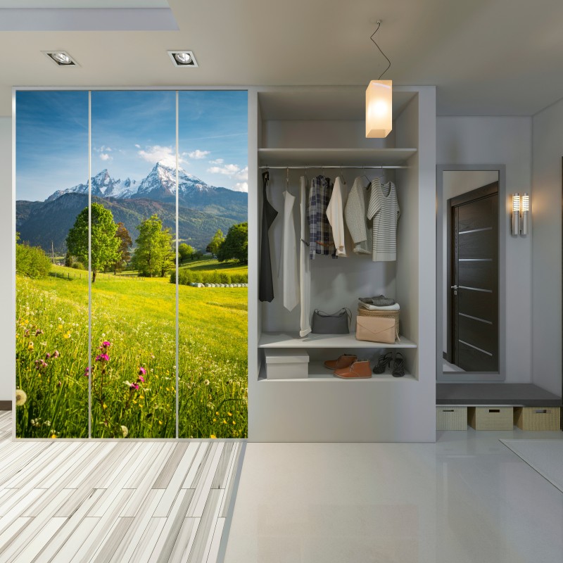 Schrankaufkleber alpine frühlingswiese unter schneebedeckten gipfeln – Wallnifity® Schrankaufkleber alpine frühlingswiese unter schneebedeckten gipfeln – Wallnifity®