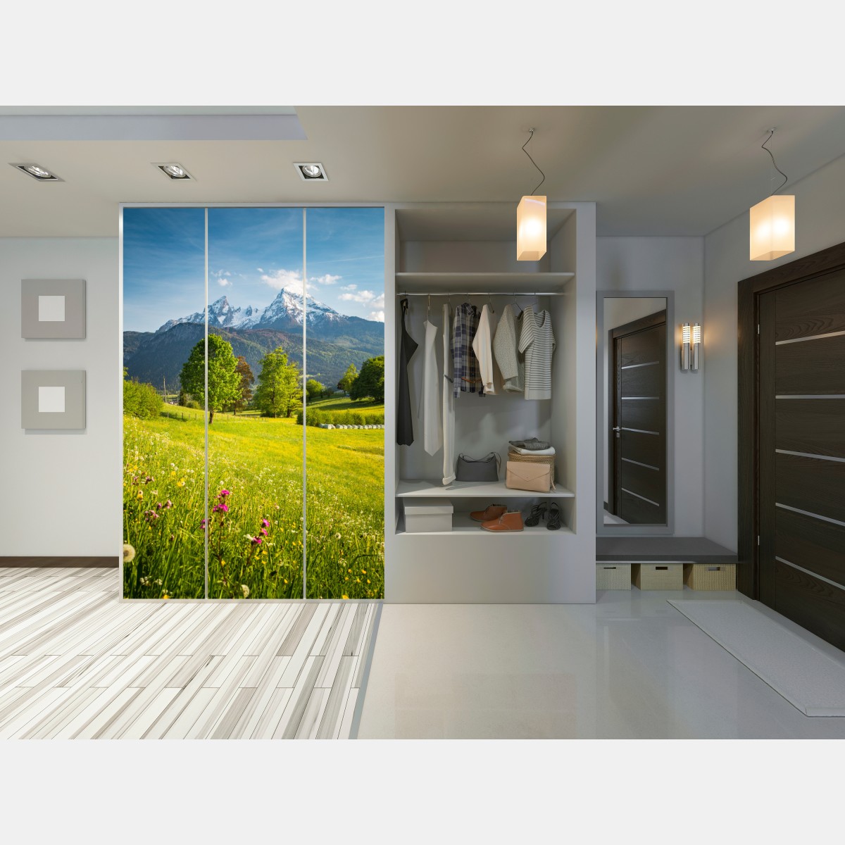 Schrankaufkleber alpine frühlingswiese unter schneebedeckten gipfeln – Wallnifity® Schrankaufkleber alpine frühlingswiese unter schneebedeckten gipfeln – Wallnifity®