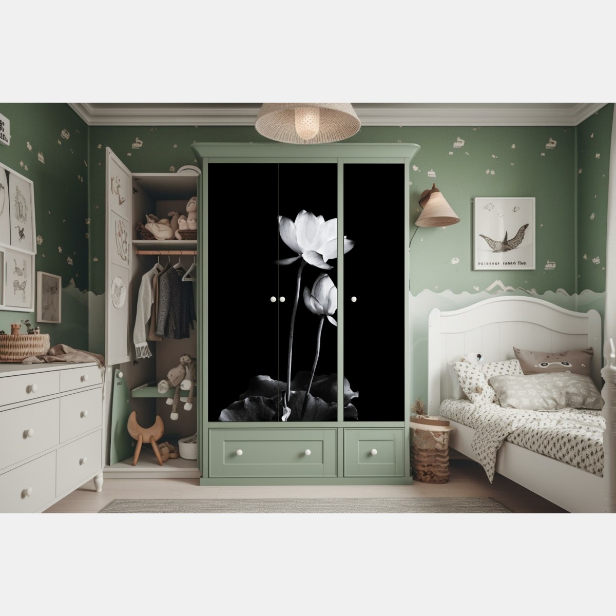 Schrankaufkleber weißer lotus in monochrom – Wallnifity® Schrankaufkleber weißer lotus in monochrom – Wallnifity®