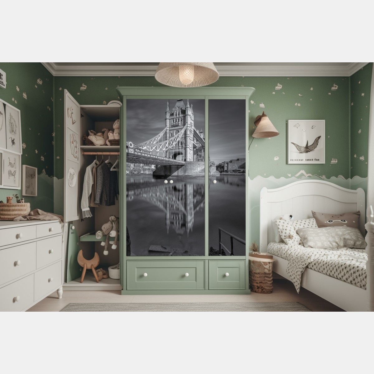 Schrankaufkleber Tower Bridge reflektiert in schwarzweiß – Wallnifity® Schrankaufkleber Tower Bridge reflektiert in schwarzweiß – Wallnifity®