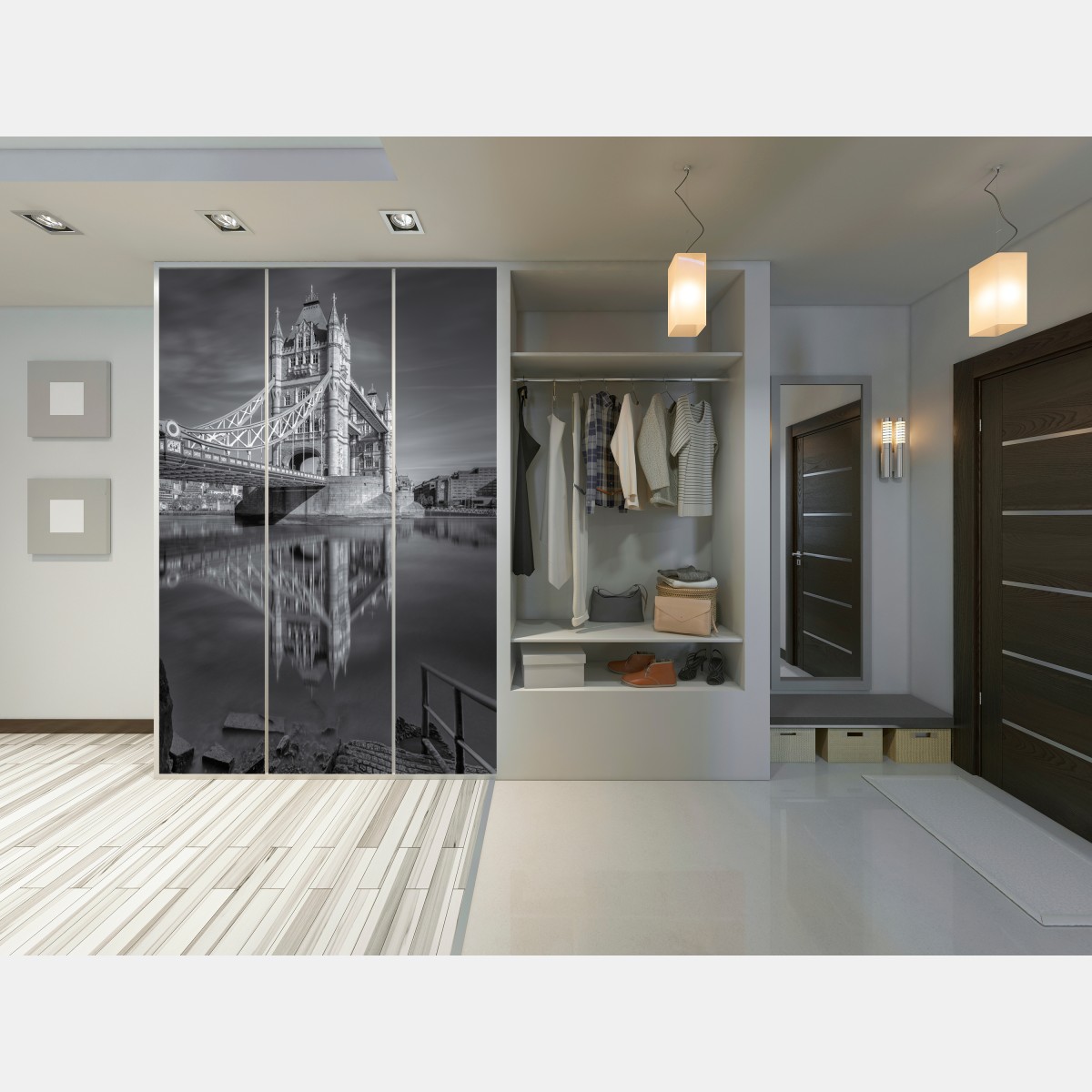 Schrankaufkleber Tower Bridge reflektiert in schwarzweiß – Wallnifity® Schrankaufkleber Tower Bridge reflektiert in schwarzweiß – Wallnifity®