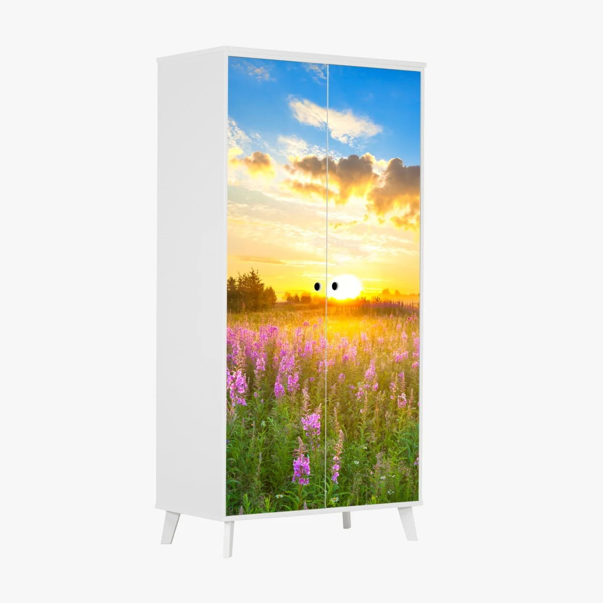 Schrankaufkleber sonnenaufgang über violetter wildblumenwiese – Wallnifity® Schrankaufkleber sonnenaufgang über violetter wildblumenwiese – Wallnifity®