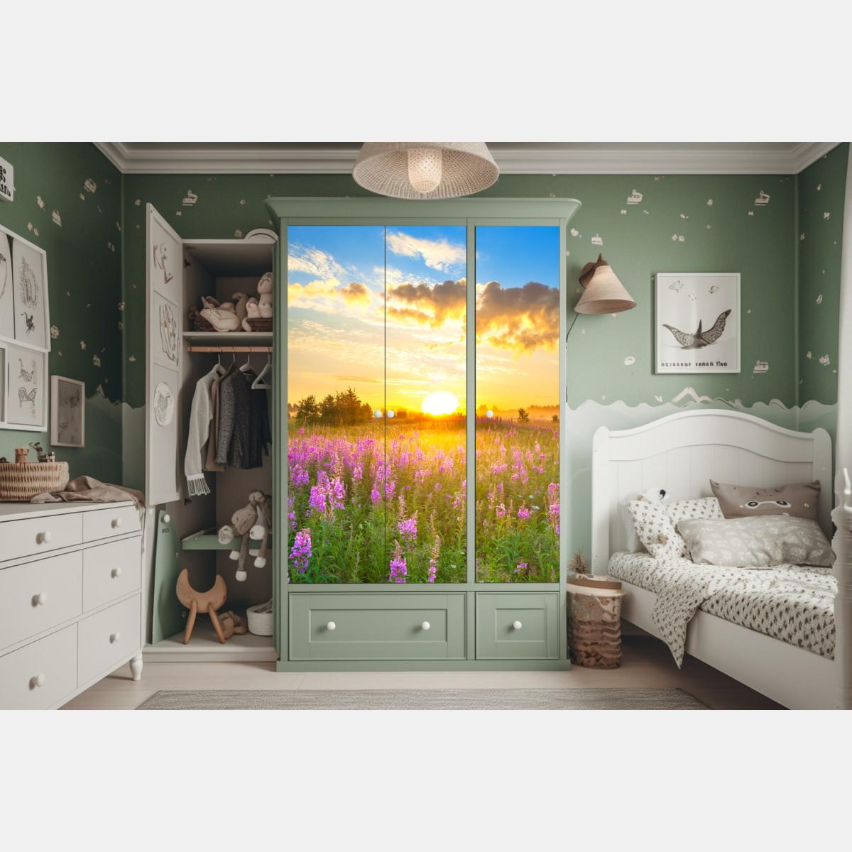 Schrankaufkleber sonnenaufgang über violetter wildblumenwiese – Wallnifity® Schrankaufkleber sonnenaufgang über violetter wildblumenwiese – Wallnifity®