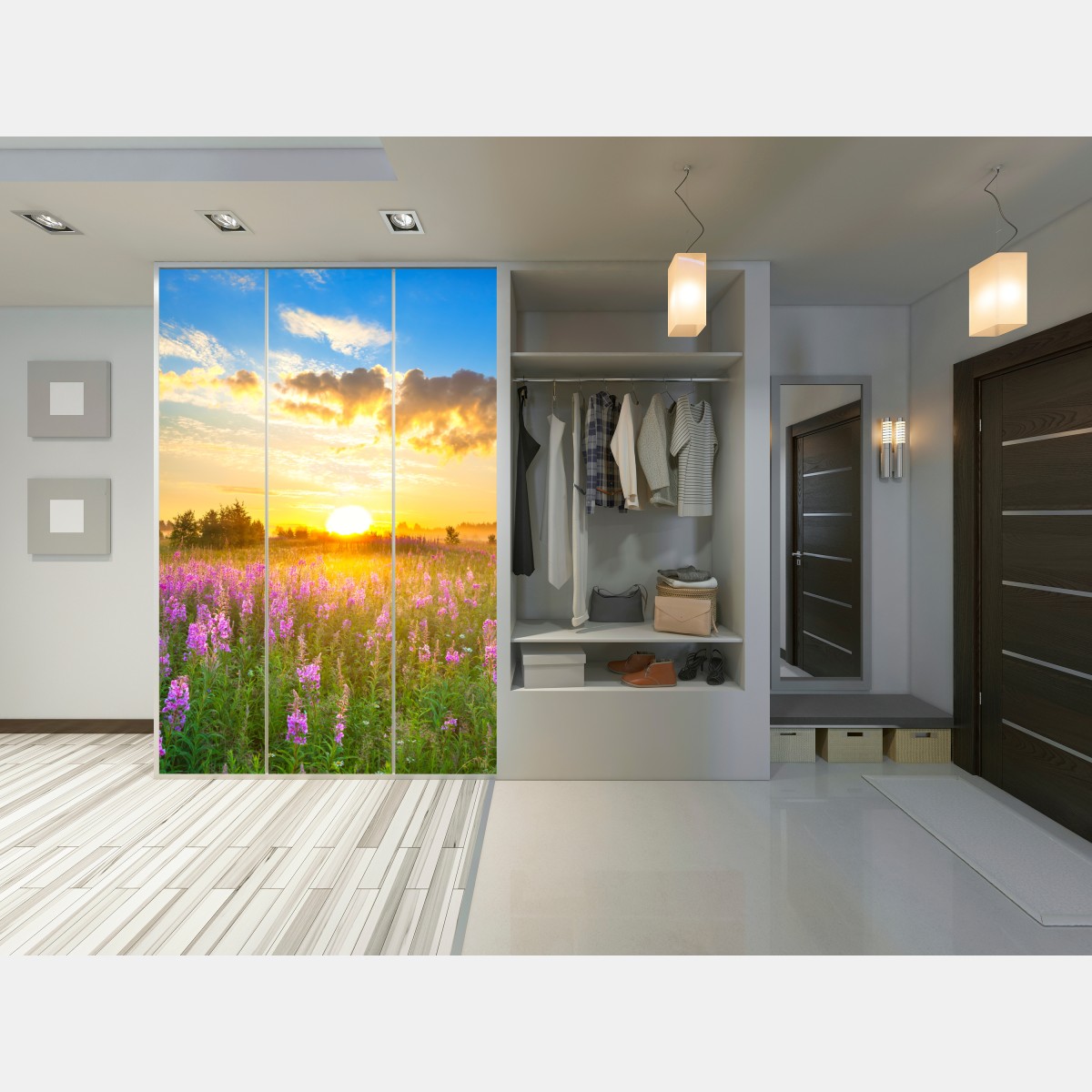 Schrankaufkleber sonnenaufgang über violetter wildblumenwiese – Wallnifity® Schrankaufkleber sonnenaufgang über violetter wildblumenwiese – Wallnifity®