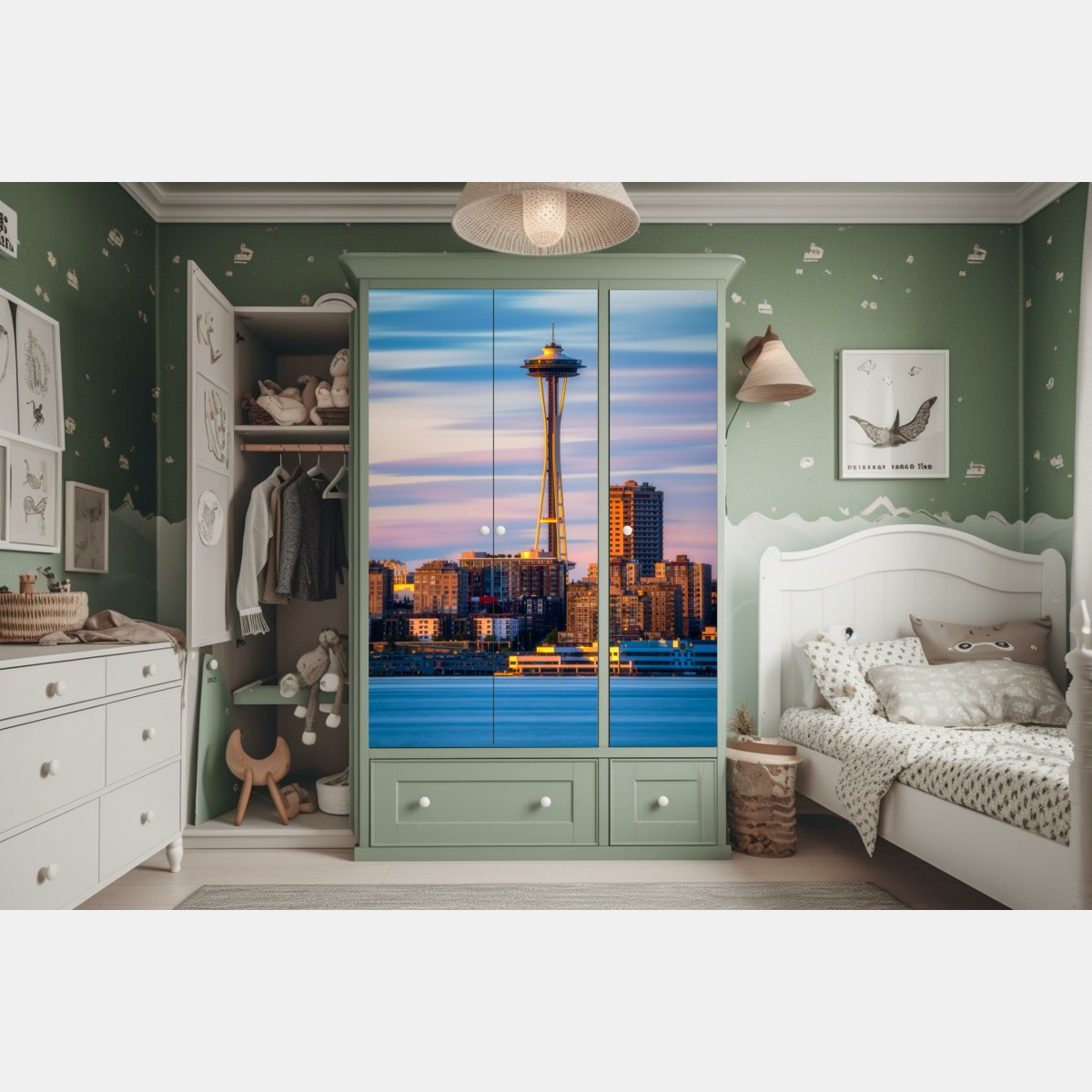 Schrankaufkleber Seattle skyline mit dem Space Needle bei Sonnenuntergang – Wallnifity® Schrankaufkleber Seattle skyline mit dem Space Needle bei Sonnenuntergang – Wallnifity®