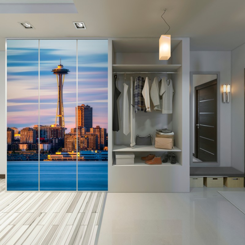 Schrankaufkleber Seattle skyline mit dem Space Needle bei Sonnenuntergang – Wallnifity® Schrankaufkleber Seattle skyline mit dem Space Needle bei Sonnenuntergang – Wallnifity®