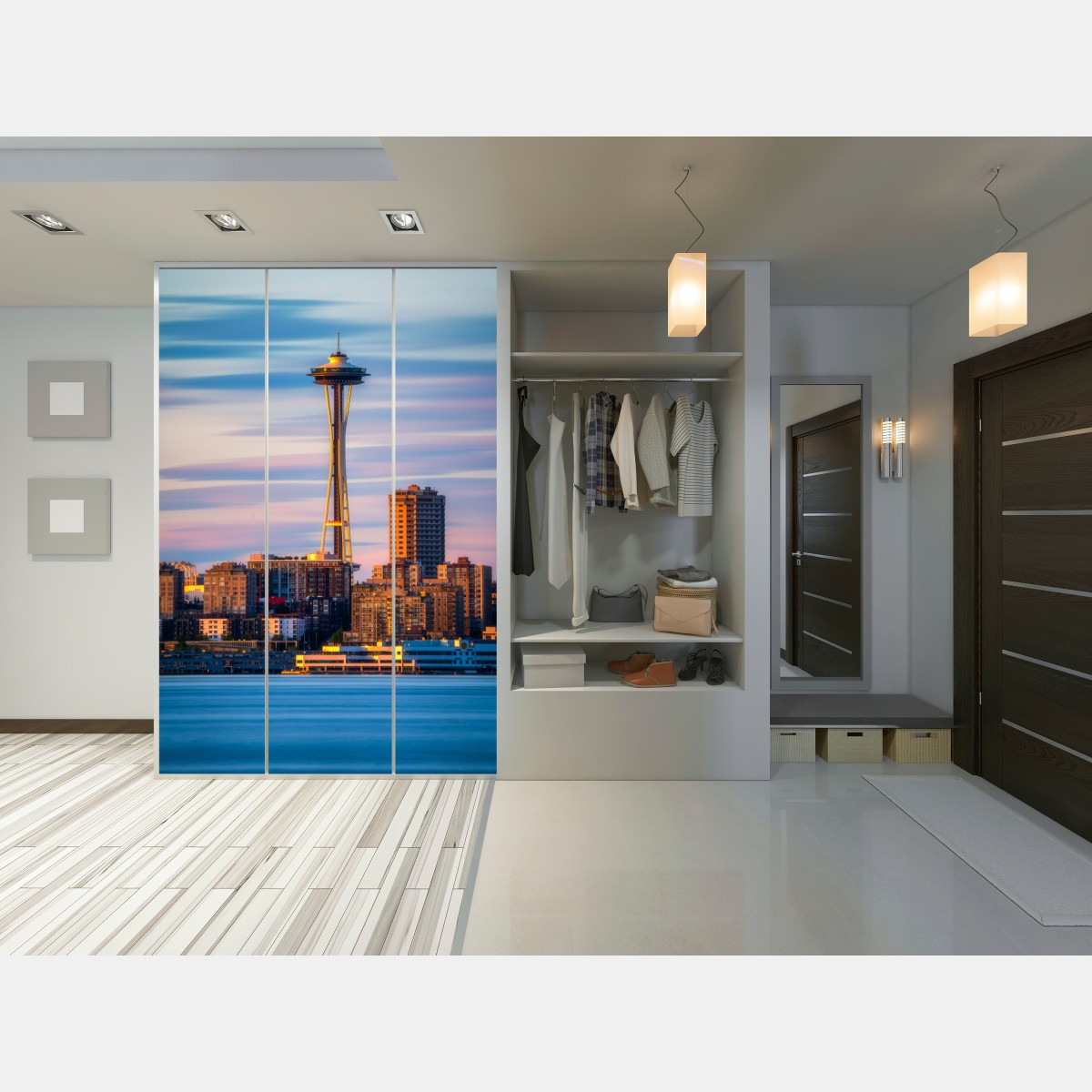 Schrankaufkleber Seattle skyline mit dem Space Needle bei Sonnenuntergang – Wallnifity® Schrankaufkleber Seattle skyline mit dem Space Needle bei Sonnenuntergang – Wallnifity®