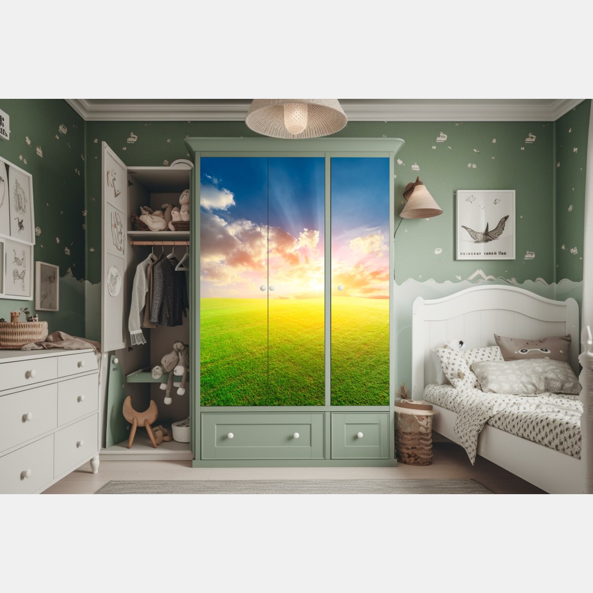 Schrankaufkleber sonnenbeschienene wiese bei sonnenuntergang – Wallnifity® Schrankaufkleber sonnenbeschienene wiese bei sonnenuntergang – Wallnifity®