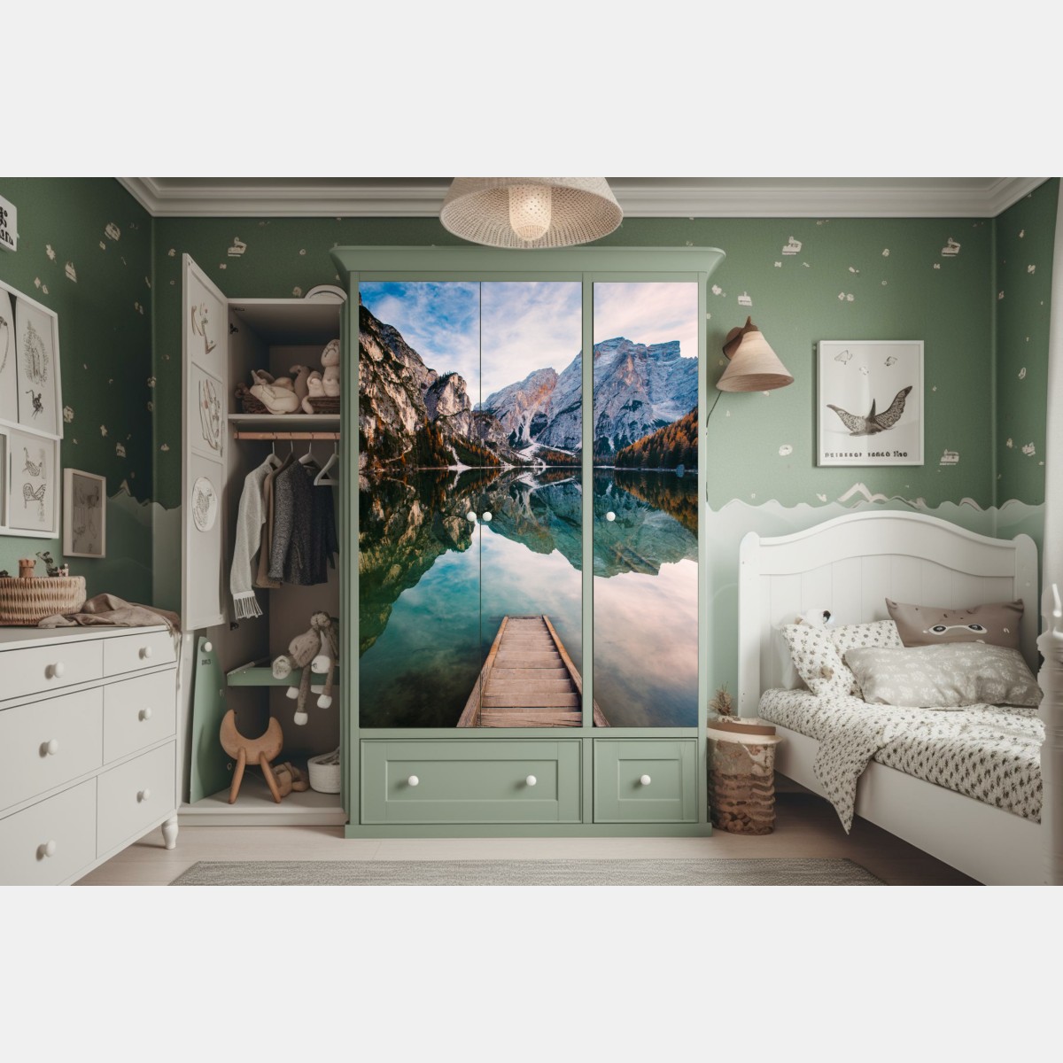 Schrankaufkleber ruhiger alpensee mit hölzernem steg – Wallnifity® Schrankaufkleber ruhiger alpensee mit hölzernem steg – Wallnifity®