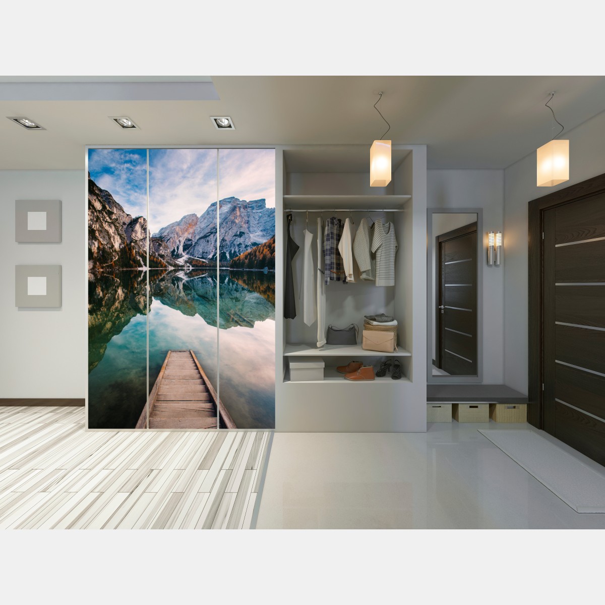 Schrankaufkleber ruhiger alpensee mit hölzernem steg – Wallnifity® Schrankaufkleber ruhiger alpensee mit hölzernem steg – Wallnifity®