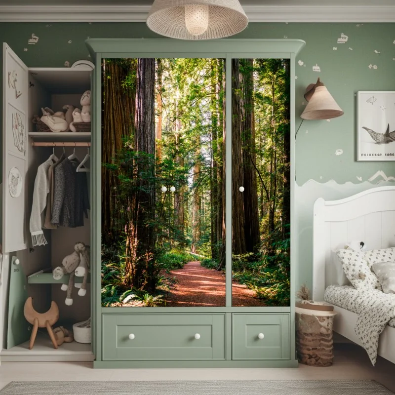 Schrankaufkleber sonniger waldweg zwischen kiefern – Wallnifity®