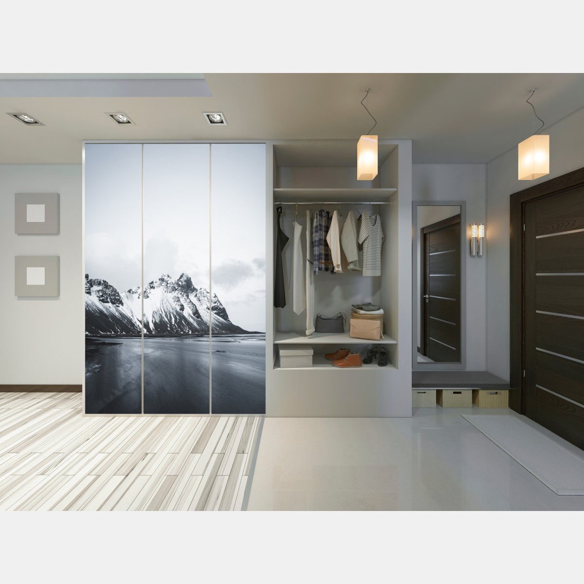 Schrankaufkleber ruhige schneebedeckte berglandschaft am meer – Wallnifity®