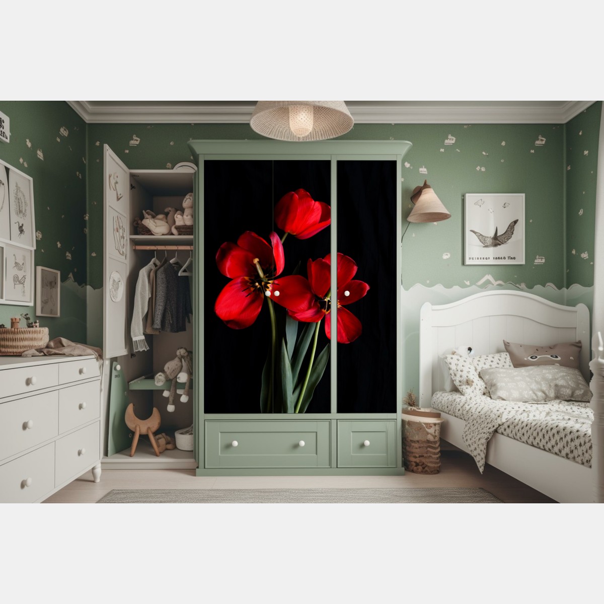 Schrankaufkleber drei rote tulpen vor schwarzem hintergrund – Wallnifity®