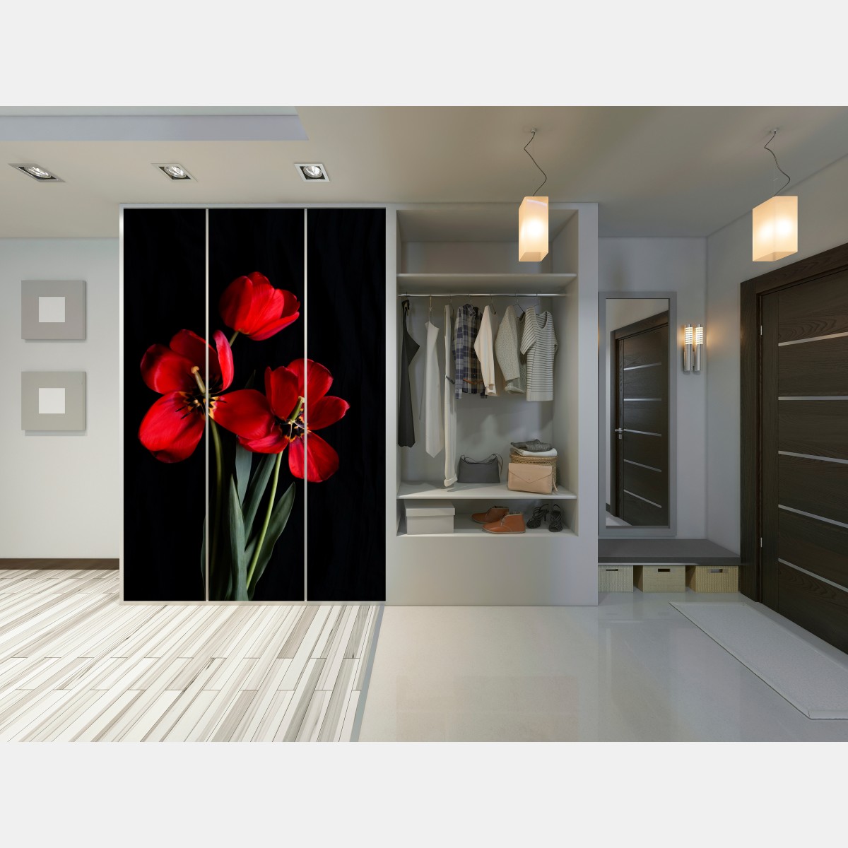 Schrankaufkleber drei rote tulpen vor schwarzem hintergrund – Wallnifity®