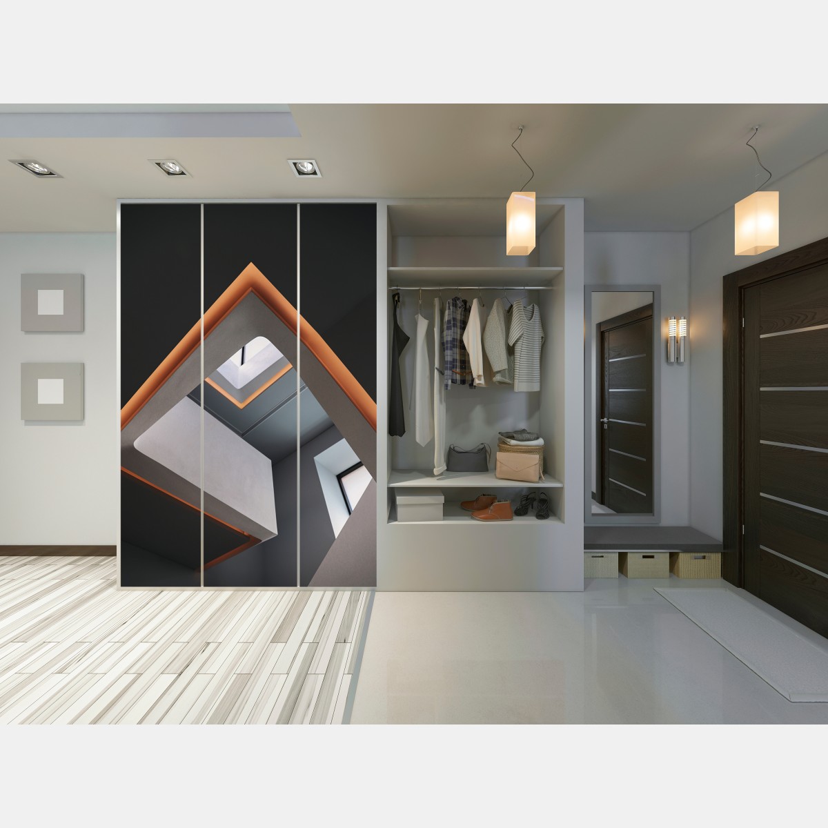 Schrankaufkleber minimalistisches geometrisches interieur mit oberlicht – Wallnifity® Schrankaufkleber minimalistisches geometrisches interieur mit oberlicht – Wallnifity®