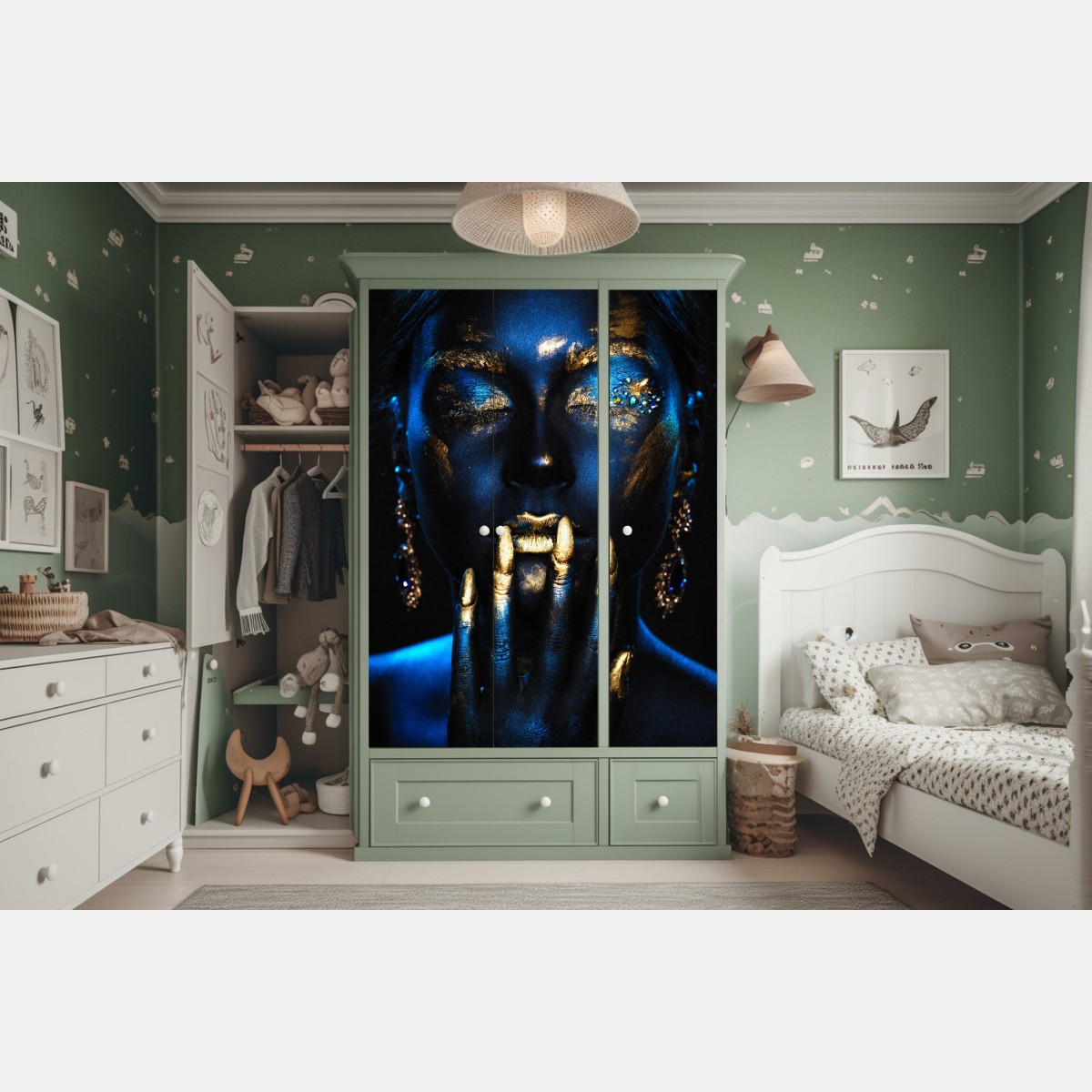 Schrankaufkleber mystisches porträt in blau und gold – Wallnifity® Schrankaufkleber mystisches porträt in blau und gold – Wallnifity®