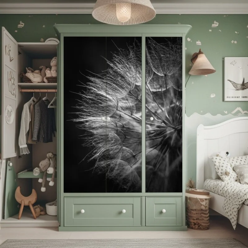 Schrankaufkleber zarter löwenzahn in monochrom – Wallnifity® Schrankaufkleber zarter löwenzahn in monochrom – Wallnifity®