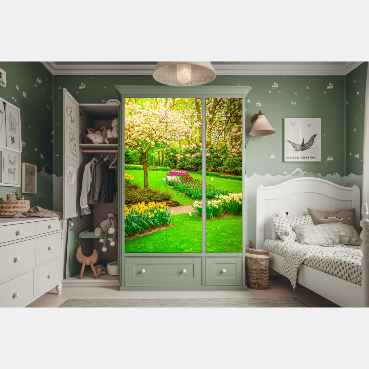 Schrankaufkleber frühlingsgarten in blüte: tulpen und kirschblüten – Wallnifity® Schrankaufkleber frühlingsgarten in blüte: tulpen und kirschblüten – Wallnifity®