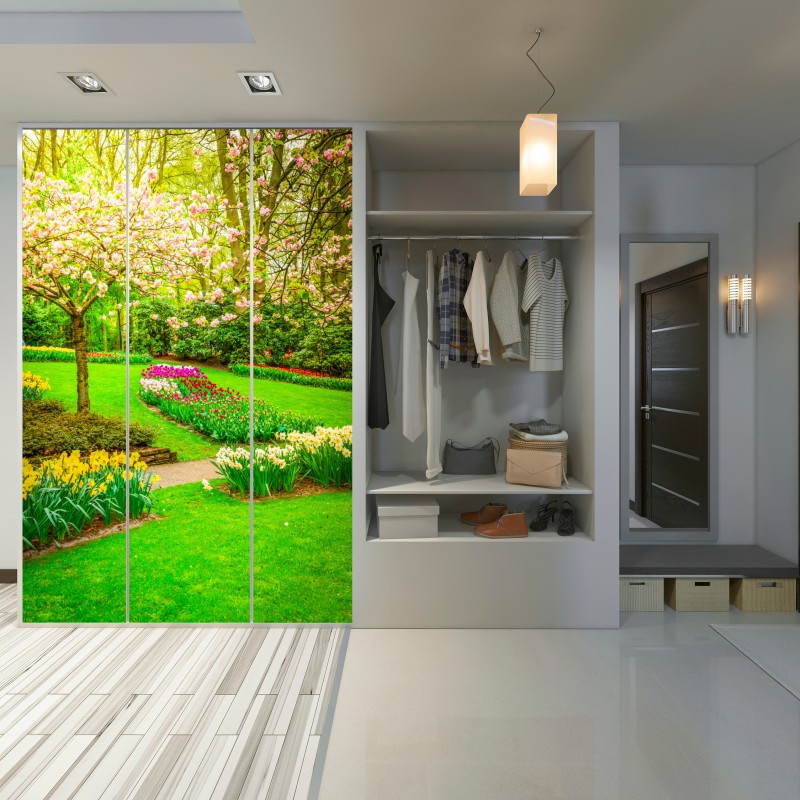 Schrankaufkleber frühlingsgarten in blüte: tulpen und kirschblüten – Wallnifity® Schrankaufkleber frühlingsgarten in blüte: tulpen und kirschblüten – Wallnifity®