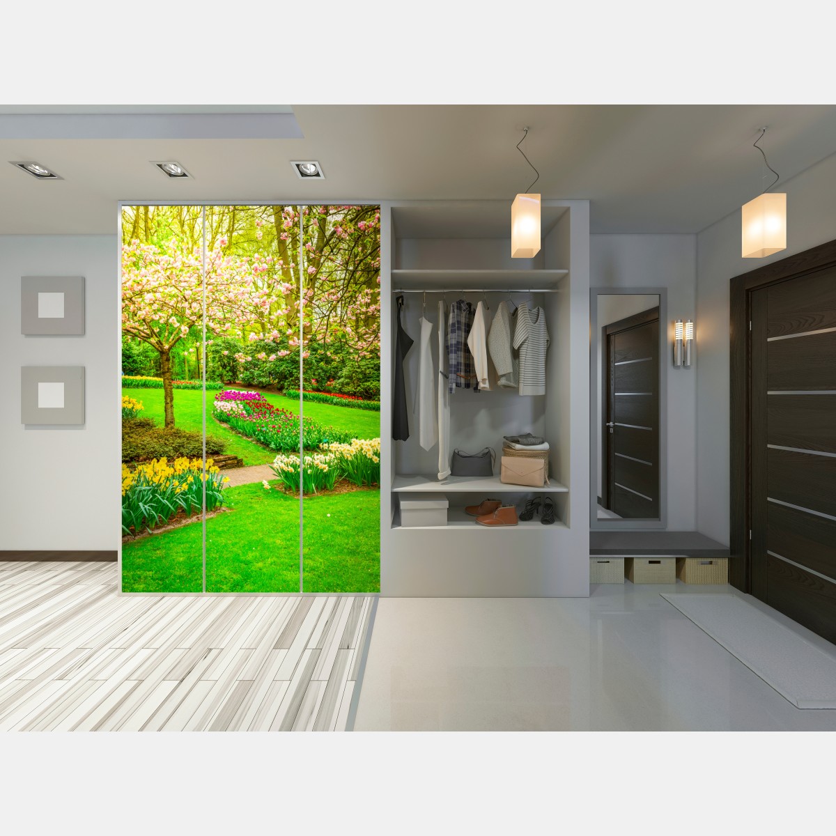 Schrankaufkleber frühlingsgarten in blüte: tulpen und kirschblüten – Wallnifity® Schrankaufkleber frühlingsgarten in blüte: tulpen und kirschblüten – Wallnifity®