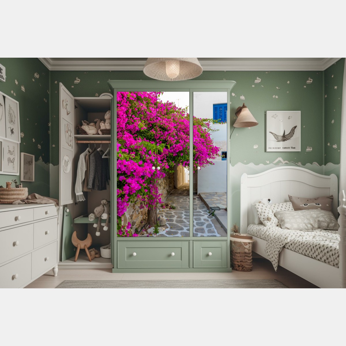 Schrankaufkleber blühende bougainvillea in Naousa gasse – Wallnifity® Schrankaufkleber blühende bougainvillea in Naousa gasse – Wallnifity®