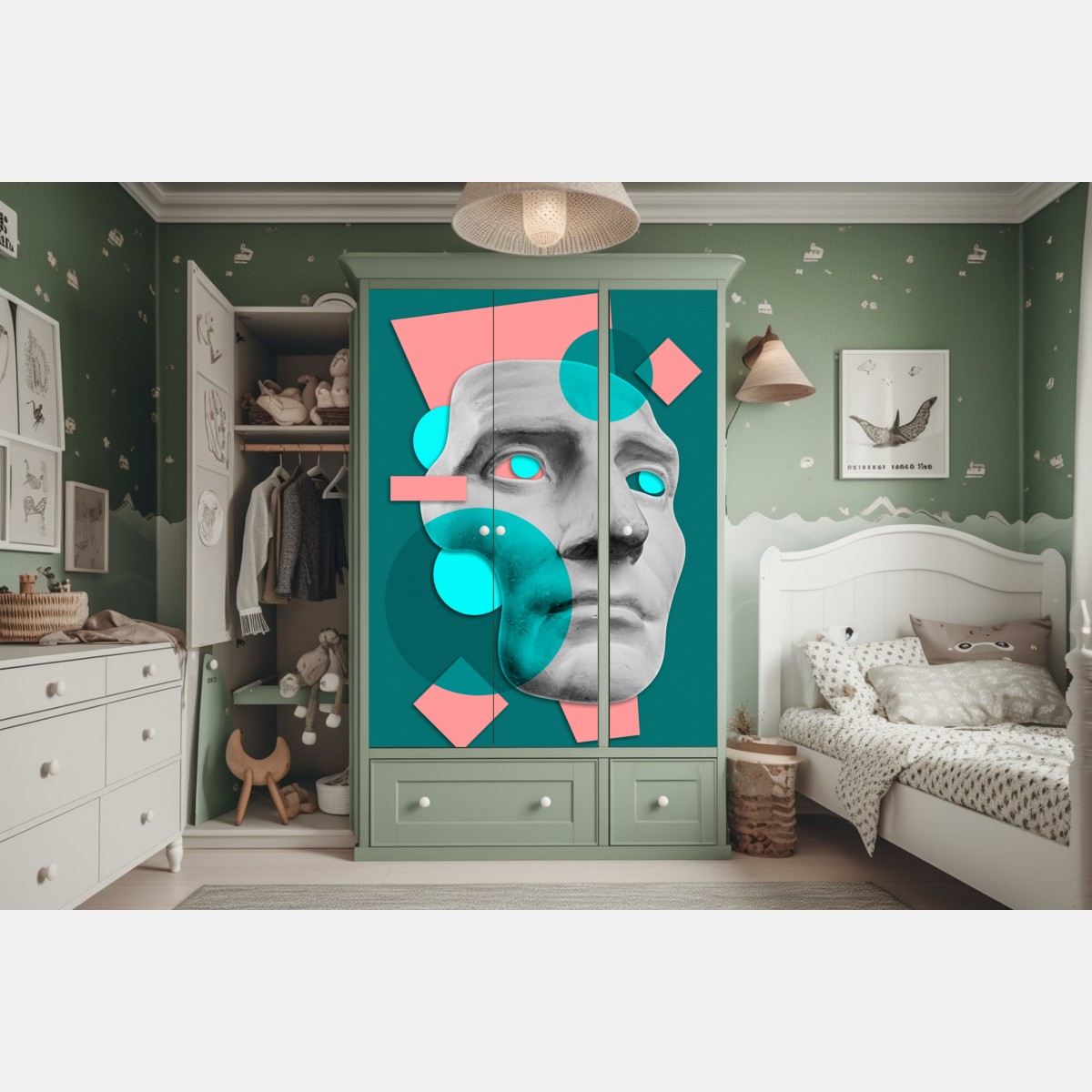 Schrankaufkleber abstrakte klassische maske in türkis und rosa – Wallnifity® Schrankaufkleber abstrakte klassische maske in türkis und rosa – Wallnifity®