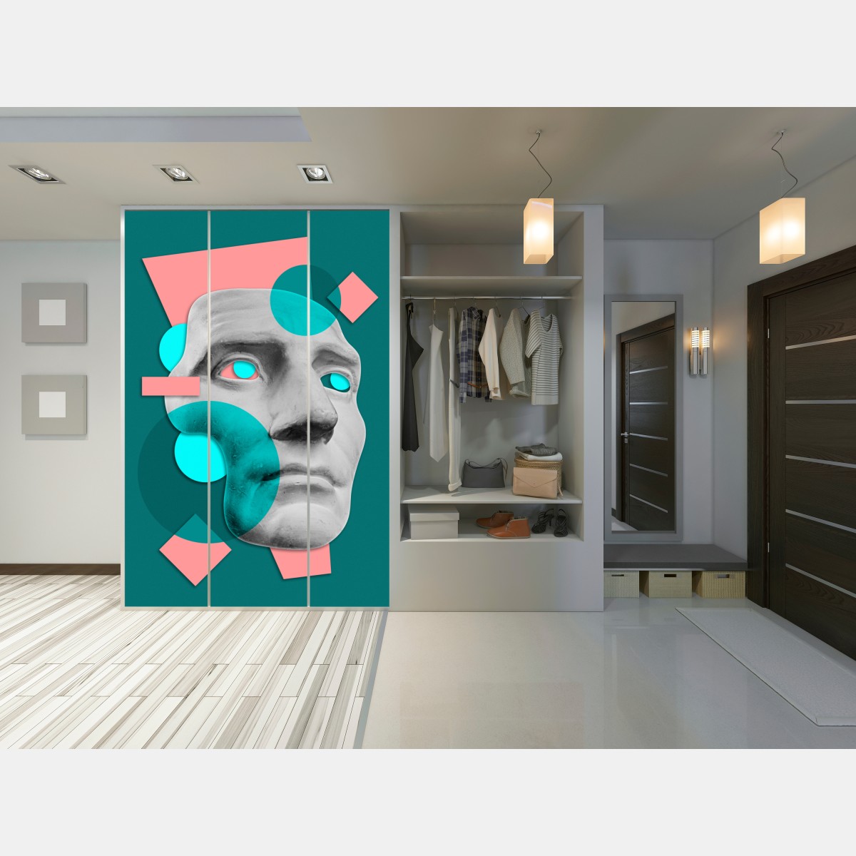 Schrankaufkleber abstrakte klassische maske in türkis und rosa – Wallnifity® Schrankaufkleber abstrakte klassische maske in türkis und rosa – Wallnifity®