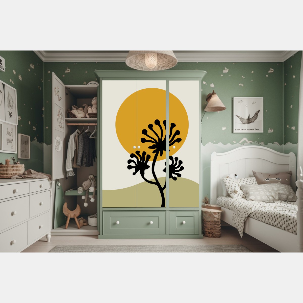 Schrankaufkleber minimalistische botanische silhouette mit sonne – Wallnifity® Schrankaufkleber minimalistische botanische silhouette mit sonne – Wallnifity®
