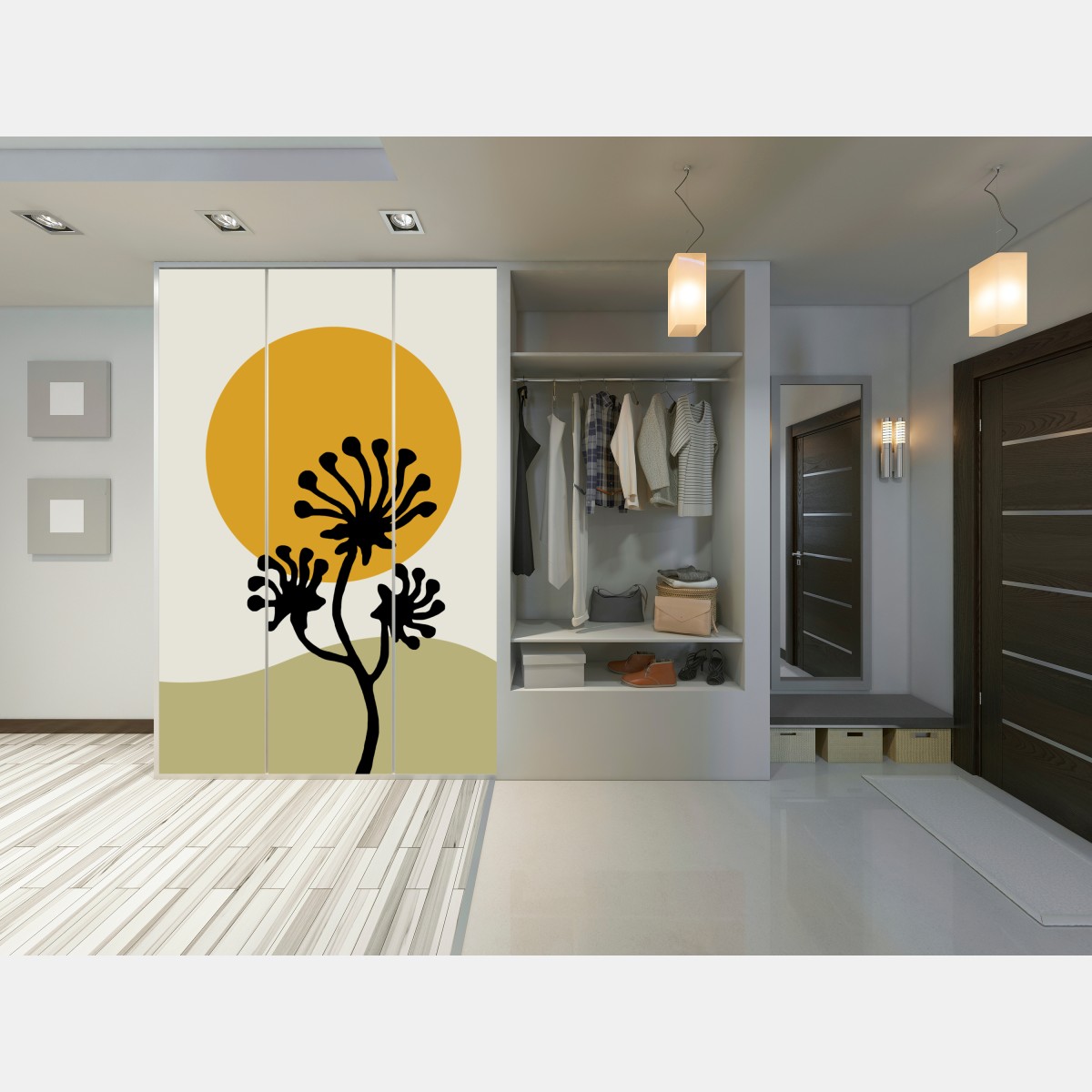 Schrankaufkleber minimalistische botanische silhouette mit sonne – Wallnifity® Schrankaufkleber minimalistische botanische silhouette mit sonne – Wallnifity®