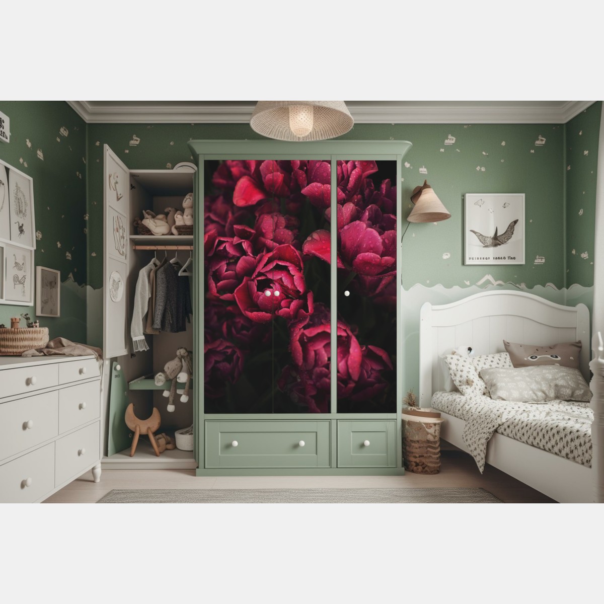 Schrankaufkleber tiefrote blüten mit wassertropfen – Wallnifity® Schrankaufkleber tiefrote blüten mit wassertropfen – Wallnifity®