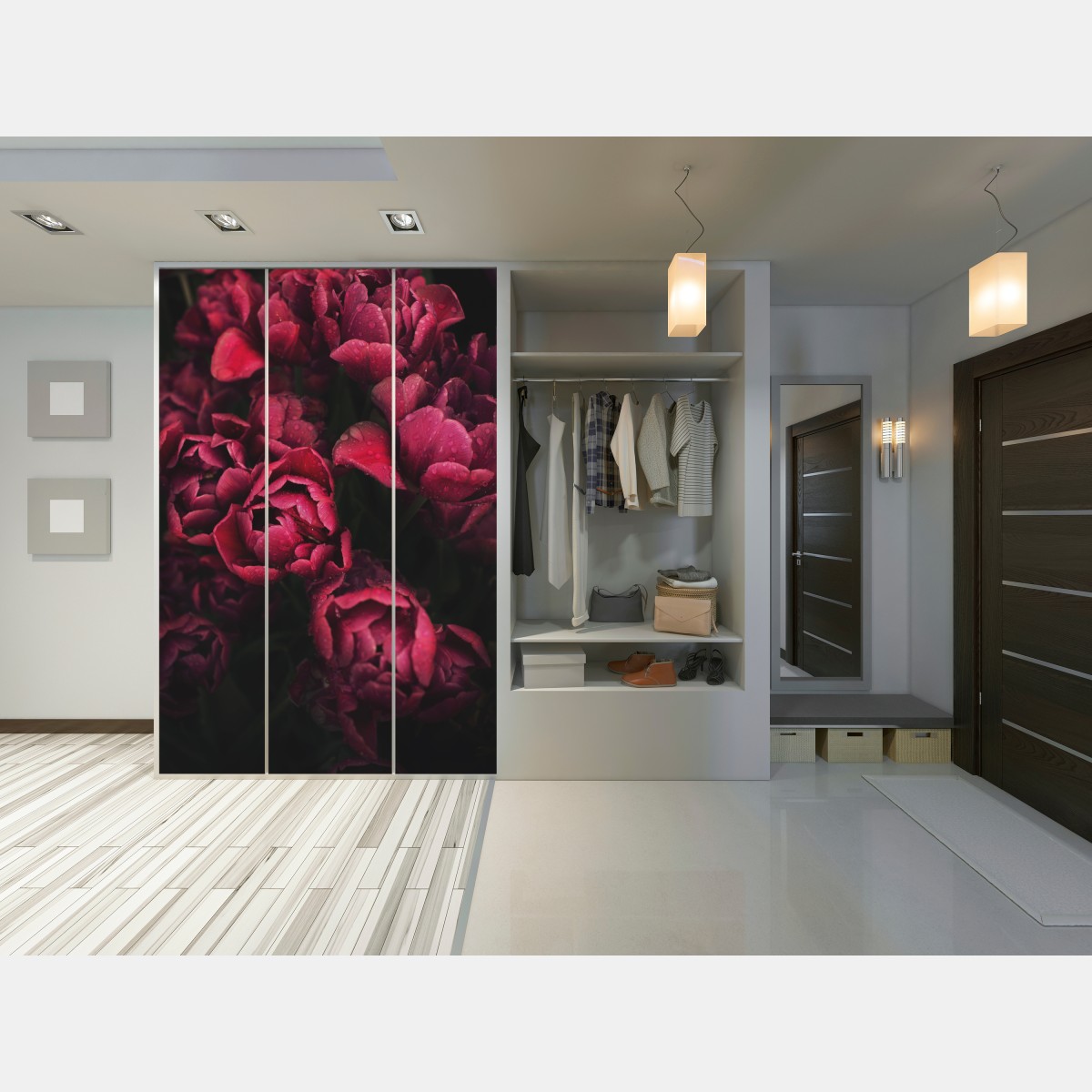 Schrankaufkleber tiefrote blüten mit wassertropfen – Wallnifity® Schrankaufkleber tiefrote blüten mit wassertropfen – Wallnifity®