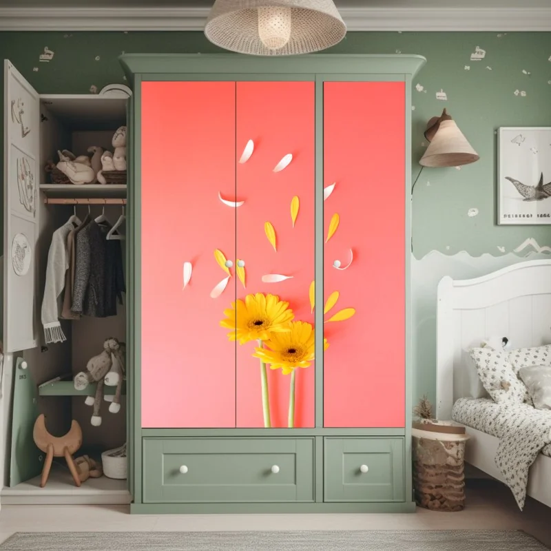 Schrankaufkleber sonnige gelbe gerbera auf korallfarbenem hintergrund – Wallnifity®