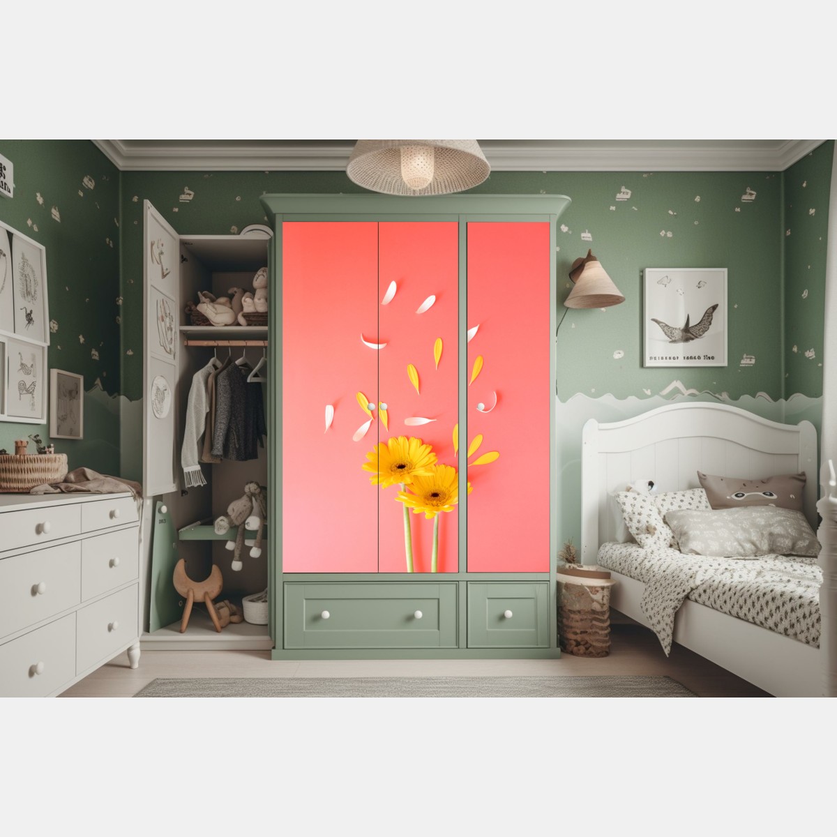 Schrankaufkleber sonnige gelbe gerbera auf korallfarbenem hintergrund – Wallnifity®