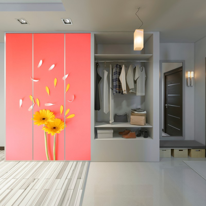 Schrankaufkleber sonnige gelbe gerbera auf korallfarbenem hintergrund – Wallnifity®