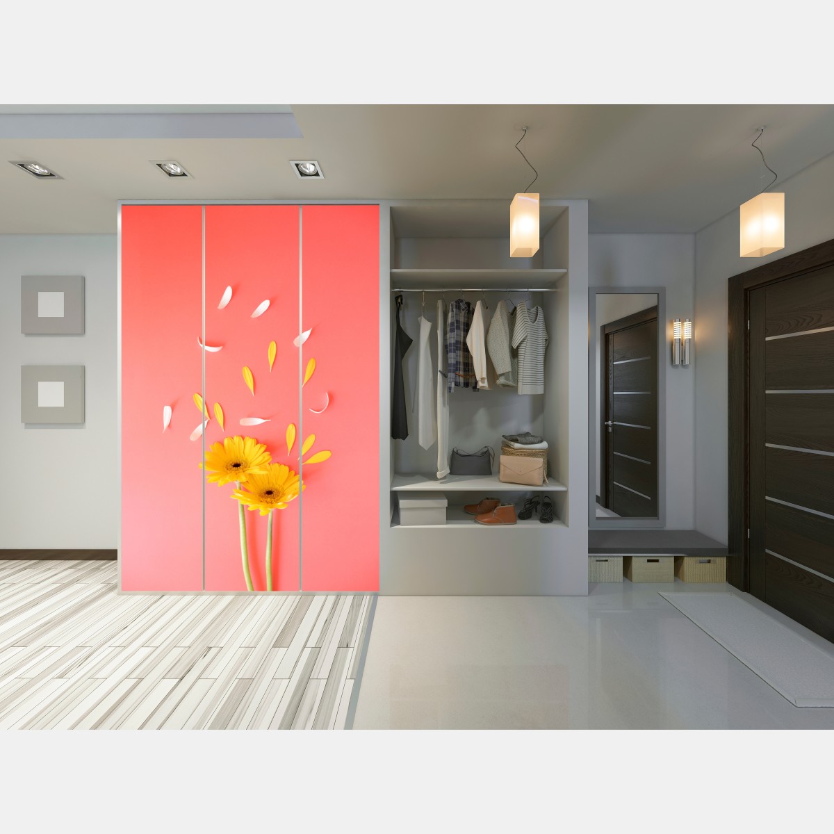 Schrankaufkleber sonnige gelbe gerbera auf korallfarbenem hintergrund – Wallnifity®