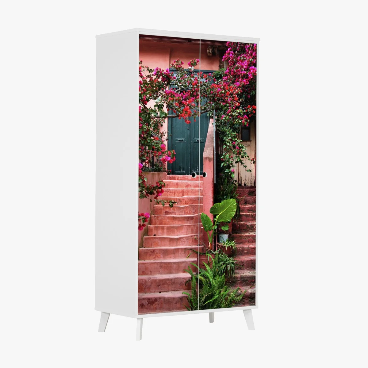 Schrankaufkleber treppe mit bougainvillea und grünen pflanzen – Wallnifity® Schrankaufkleber treppe mit bougainvillea und grünen pflanzen – Wallnifity®