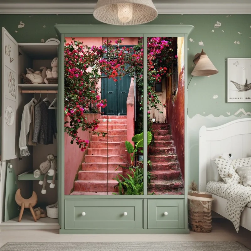 Schrankaufkleber treppe mit bougainvillea und grünen pflanzen – Wallnifity® Schrankaufkleber treppe mit bougainvillea und grünen pflanzen – Wallnifity®