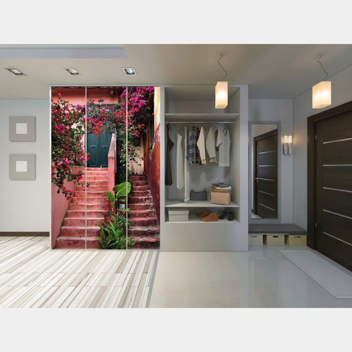 Schrankaufkleber treppe mit bougainvillea und grünen pflanzen – Wallnifity® Schrankaufkleber treppe mit bougainvillea und grünen pflanzen – Wallnifity®